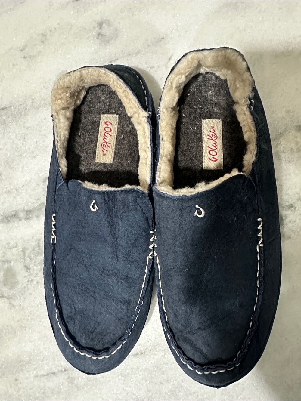 OluKai Navy Blue Shearling-Lined Women's Moccasin Slippers